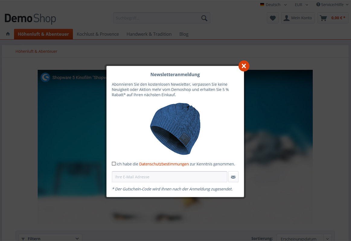 Individuelle Newsletterregistrierung in einer Modalbox (über Footer, über Zeitverzögerung oder beim Verlassen der Seite) Individuelle Newsletterregistrierung in einer Modalbox (über Footer, über Zeitverzögerung oder beim Verlassen der Seite)